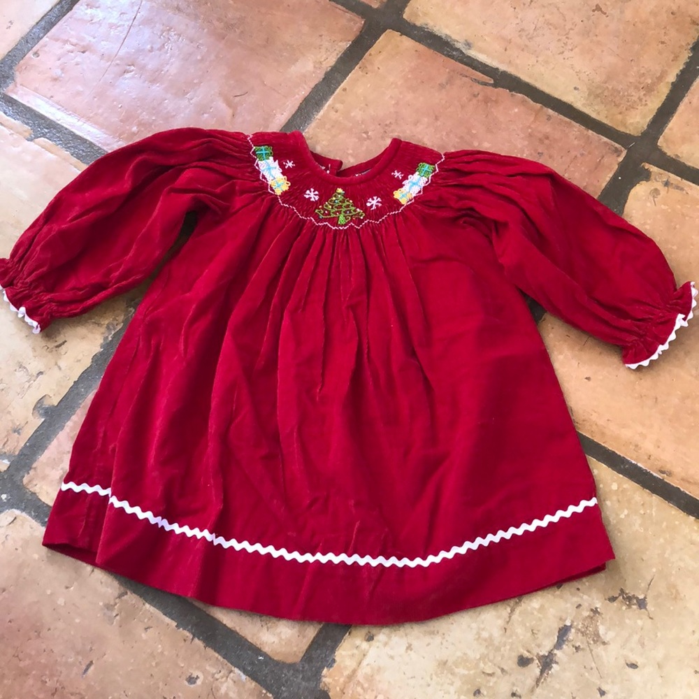 Red corduroy smocked Christmas dress
